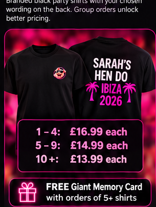 Professional black Hen and Stag party T-shirts with small PikledPig logo on the front and personalised wording on the back